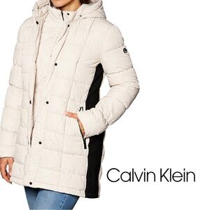 Calvin Klein Cream Long Hooded Puffer Coat | Sleek Winter Chic | L | Stretch